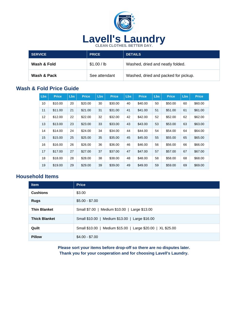 Wash & Fold Price List printable sheet