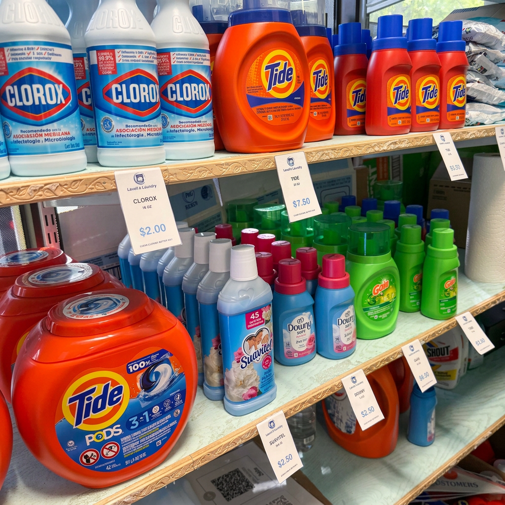 Detergent, bleach and fabric softener for sale at Lavell's Laundry